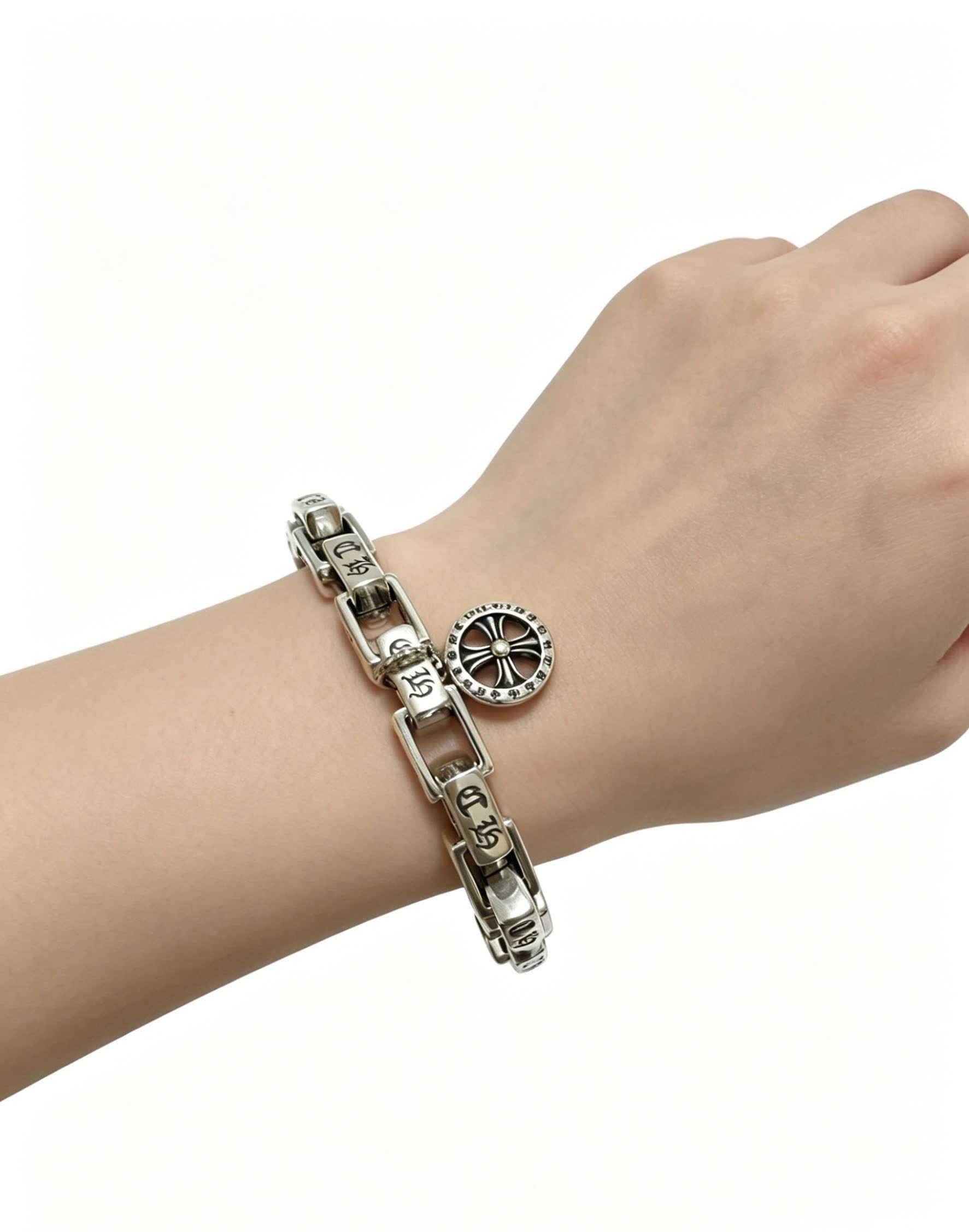 Chrome Hearts Silver Bracelet with Crosses and Wheel Charm